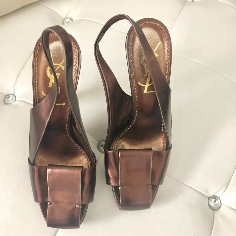YSL Yves Saint Laurent metallic woven heels 61/2